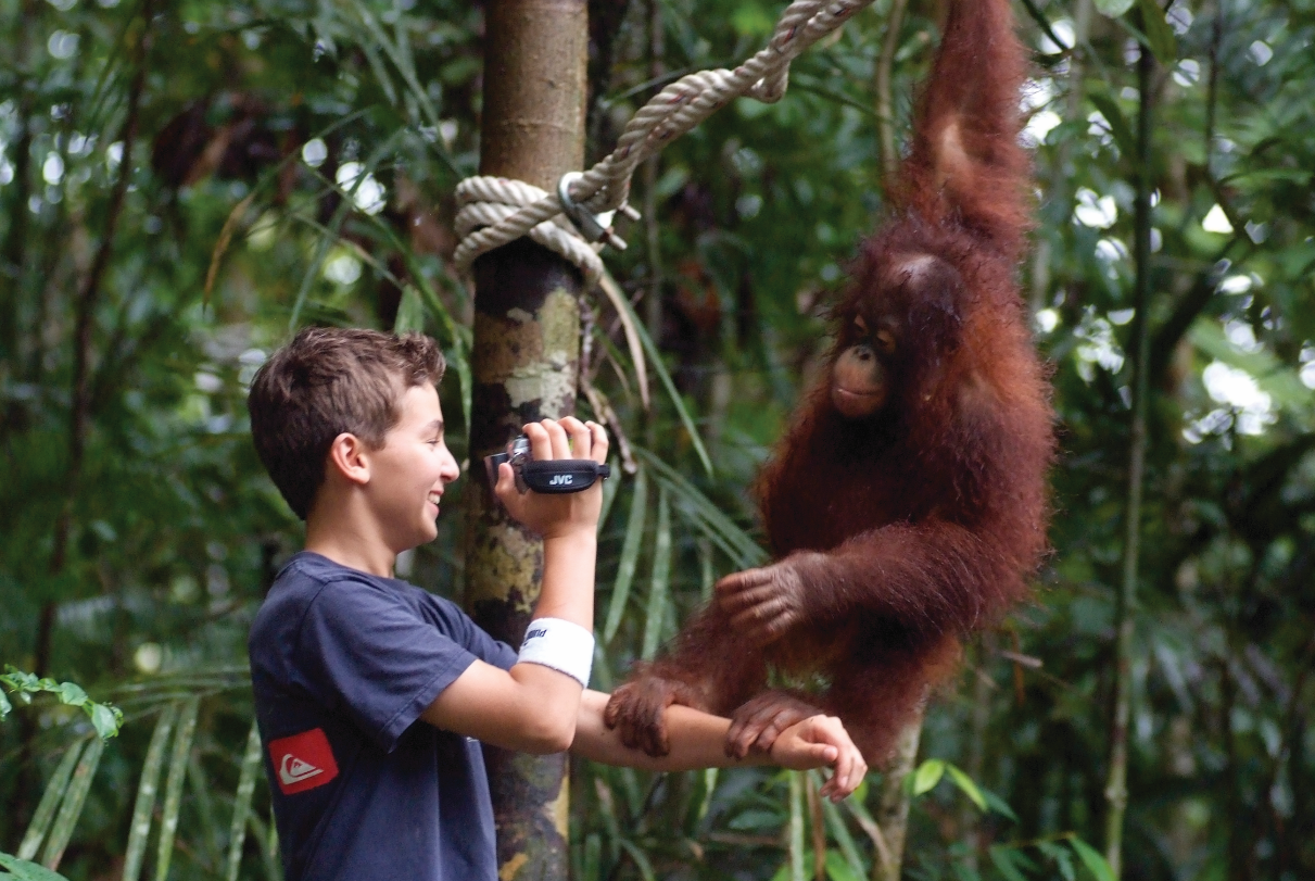 Picture shows boy playing with an Orang Utan at Semenggoh Wildlife Center