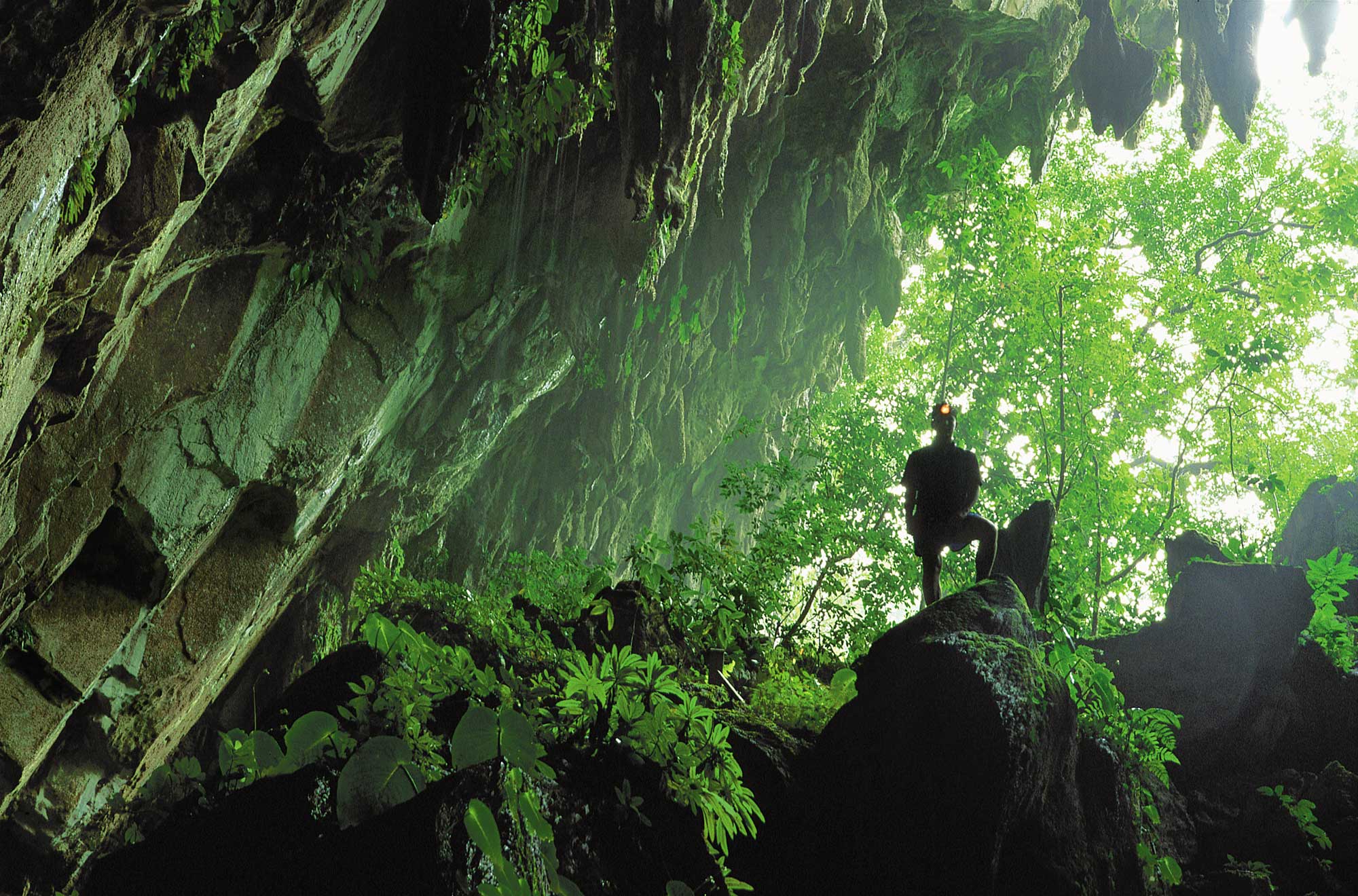 Image shows caver at Mulu National Park’s Clearwater Cave.