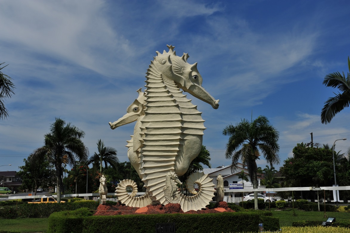 The city symbol, the seahorse proudly stands at the Miri-Airport road to welcome visitors to Miri City.