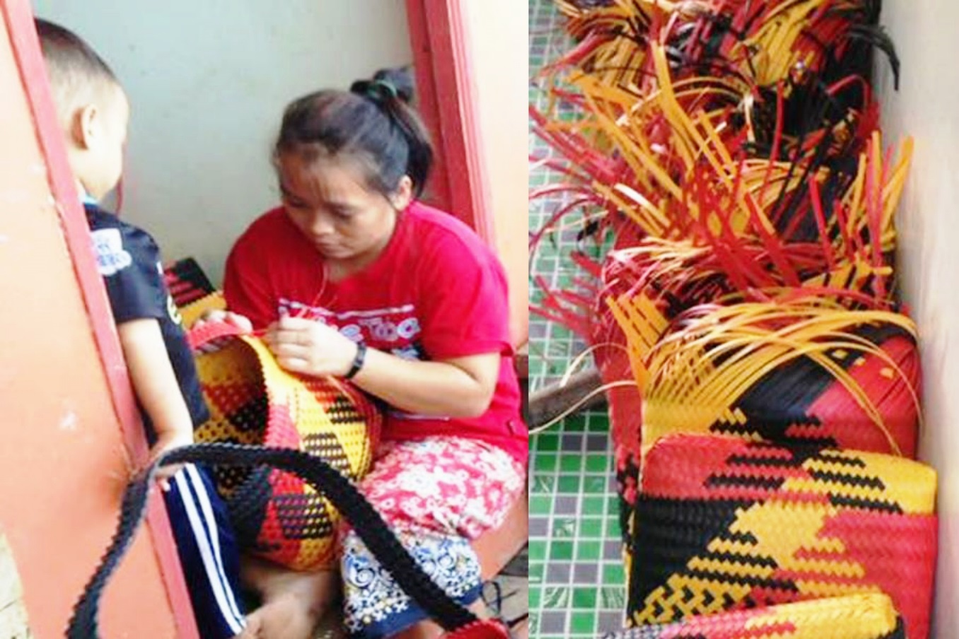 Photo shows penan woman weaving the bags for the conference. 