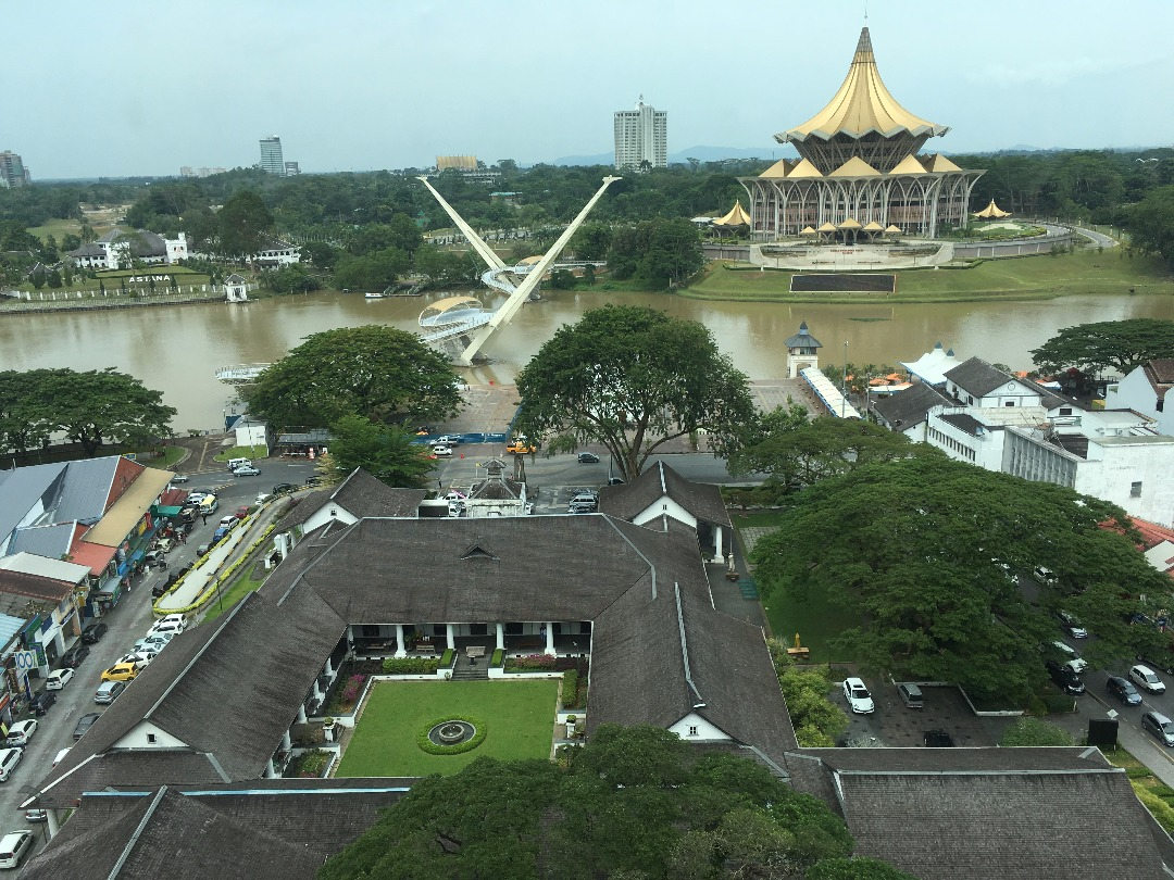 Aerial view of Sarawak Tourist Complex, or Old Court House, in front of the Kuching Waterfront.