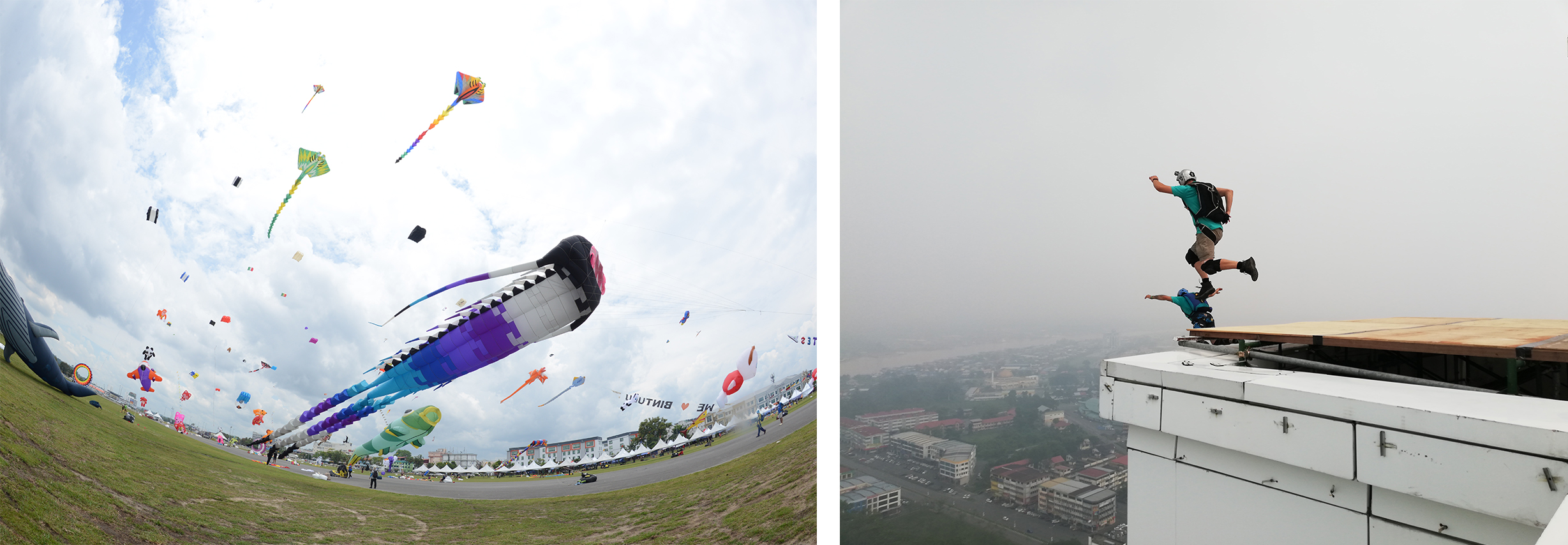 Photo shows the different types of kites showcased during the Borneo International Kite Festival (BIKF) 2014 (left) and the participants of Sibu International BASE Jumping 2019 taking off from Wisma Sanyan (right).